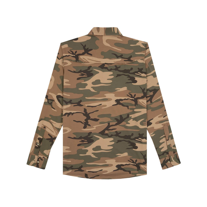 Back view of Poncho San Juan long sleeve outdoor shirt in camouflage print with a vented back design.