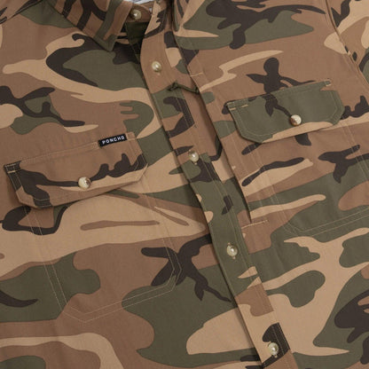 Poncho San Juan long-sleeve outdoor shirt in brown camouflage with button-down front and dual magnetic chest pockets.