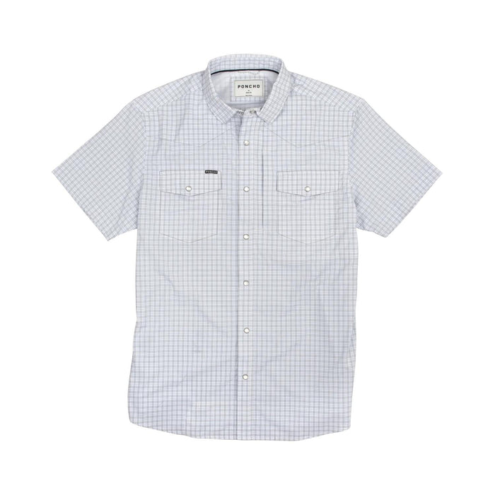 Light blue and white plaid short-sleeve western shirt with pearl snaps, chest pockets, and a pointed shoulder yoke.