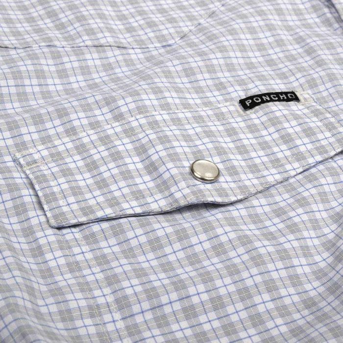 Blue and white checkered performance shirt with a pearl snap pocket and Poncho brand label.
