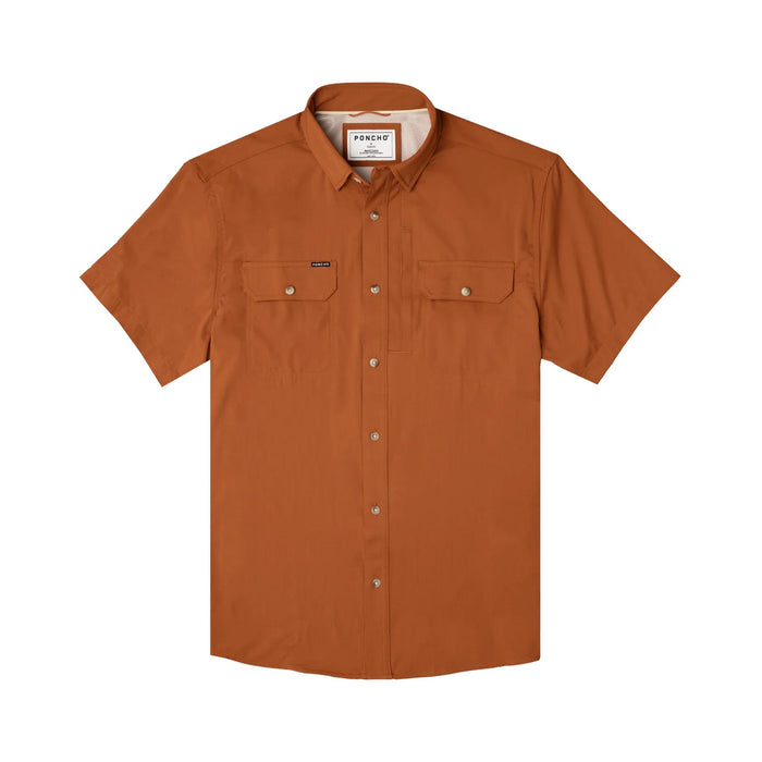 Smokey orange short-sleeve button-down shirt with dual chest pockets and a breathable, lightweight technical fabric.
