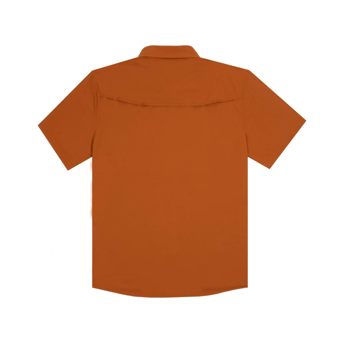 Back view of a rust-colored Poncho Smokey short sleeve shirt with a vented back panel for airflow.