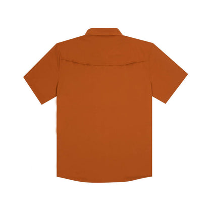 Back view of a rust-colored Poncho Smokey short sleeve shirt with a vented back panel for airflow.