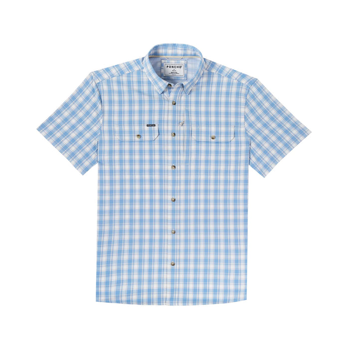 Blue and white plaid short-sleeve button-down shirt with dual chest pockets and a button-down collar.