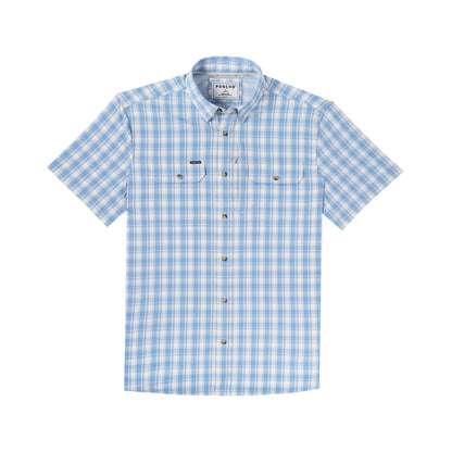 Blue and white plaid short-sleeve button-down shirt with dual chest pockets and a button-down collar.