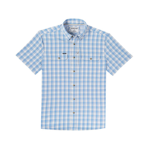 Blue and white plaid short-sleeve button-down shirt with dual chest pockets and a button-down collar.