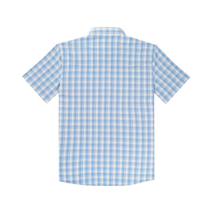 Back view of a light blue and white plaid short-sleeve outdoor shirt with a vented back panel.