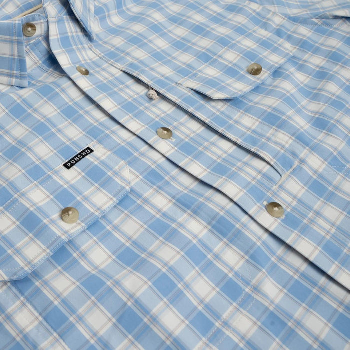 Light blue and white plaid short-sleeve outdoor shirt with button-down pockets and a Poncho logo patch.