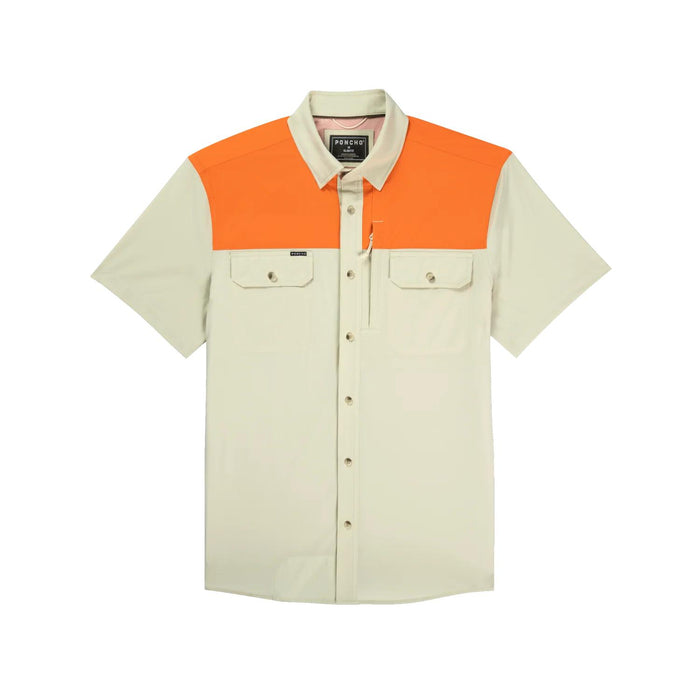 Tan and orange short-sleeve performance shirt with button-down front, dual chest pockets, and hidden zippered storage.