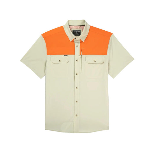 Tan and orange short-sleeve performance shirt with button-down front, dual chest pockets, and hidden zippered storage.