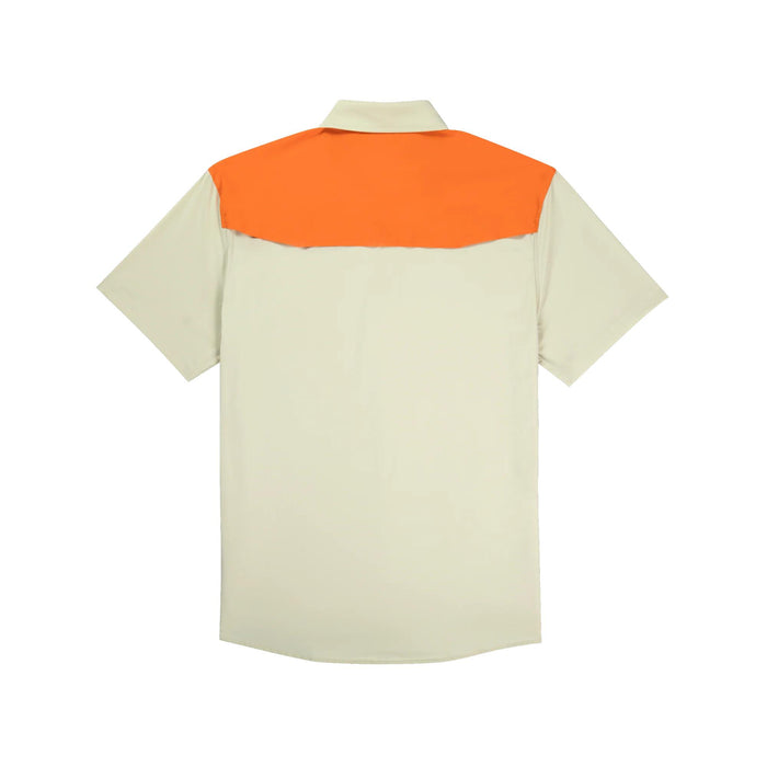 Back view of a beige short-sleeve performance shirt with a bright orange yoke, featuring durable Tuff-Thread fabric.