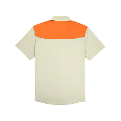Back view of a beige short-sleeve performance shirt with a bright orange yoke, featuring durable Tuff-Thread fabric.