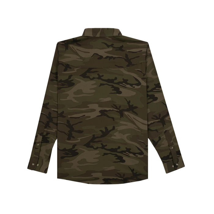 Back view of Poncho Torcaza long sleeve shirt in classic green camo print with a vented back design.