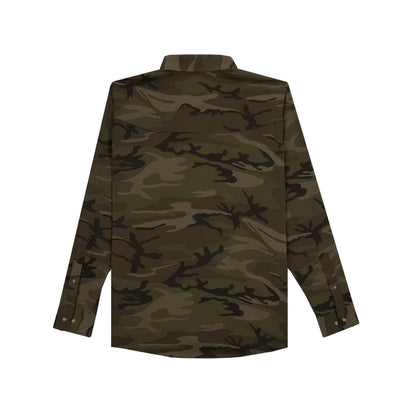 Back view of Poncho Torcaza long sleeve shirt in classic green camo print with a vented back design.