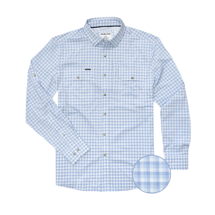 Light blue and white plaid Poncho long sleeve performance shirt with two chest pockets and button-down collar.