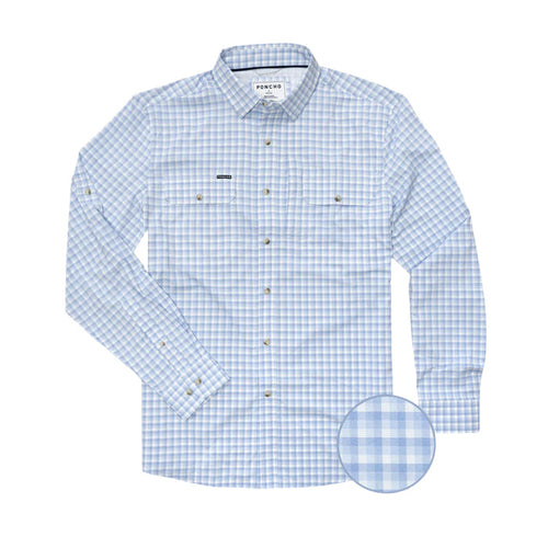 Light blue and white plaid Poncho long sleeve performance shirt with two chest pockets and button-down collar.