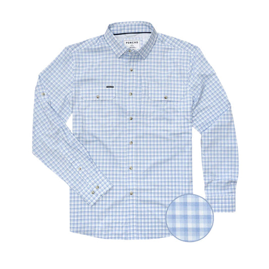 Light blue and white plaid Poncho long sleeve performance shirt with two chest pockets and button-down collar.