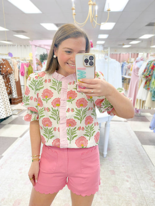 Poppies in Bloom Cream/Pink Pinstripe Collar Top