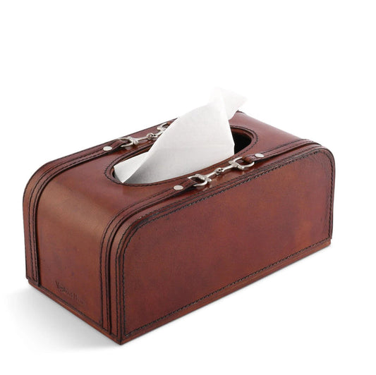 Brown genuine leather tissue box cover featuring a decorative pewter equestrian bit detail and stitched edges.