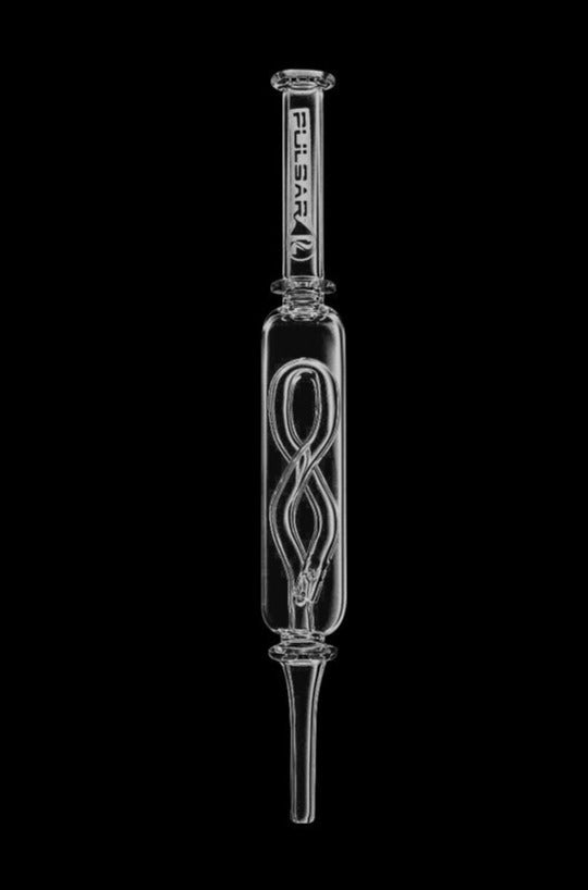 A studio shot of the Pulsar Quartz Internal Twist Perc Nectar Collector, angled to showcase its clear glass and twisted internal design.