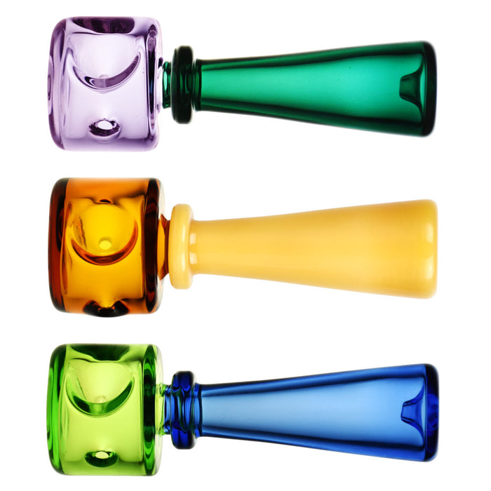 Front view of the Pulsar Stacked Geometric Hand Pipe in a vibrant purple hue, positioned against a clean white background.