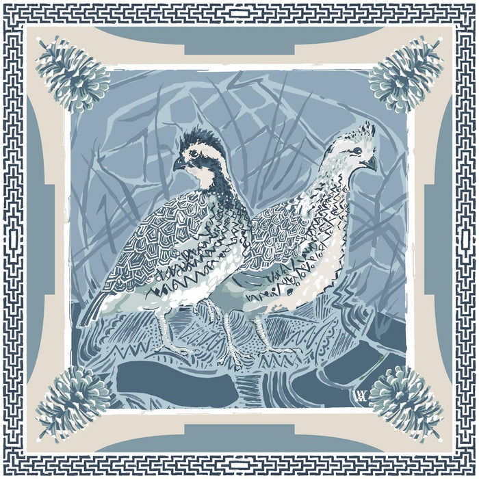 Silk twill scarf featuring two bobwhite quail in blue and cream with geometric patterns and pinecone corner borders.