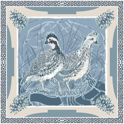 Silk twill scarf featuring two bobwhite quail in blue and cream with geometric patterns and pinecone corner borders.