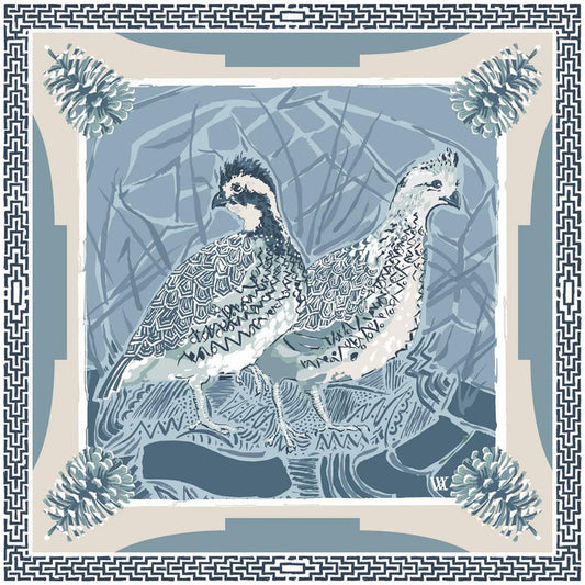 Silk twill scarf featuring two bobwhite quail in blue and cream with geometric patterns and pinecone corner borders.