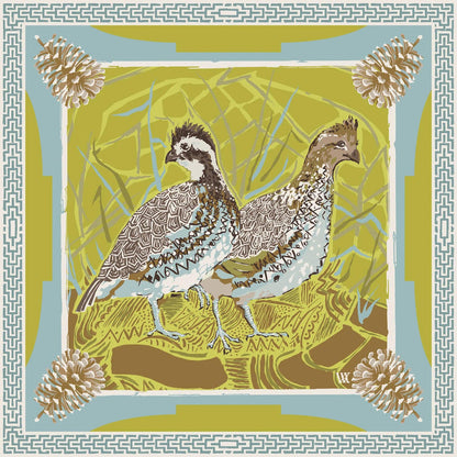 Silk twill scarf featuring two bobwhite quail, geometric patterns, and a pinecone border in blue, green, and cream tones.