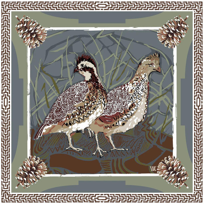 Silk twill scarf featuring two bobwhite quail, geometric patterns, and pinecone borders in blue, cream, and gray tones.