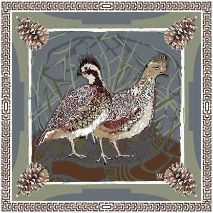 Silk twill scarf featuring two bobwhite quail, geometric patterns, and pinecone borders in blue, cream, and gray tones.