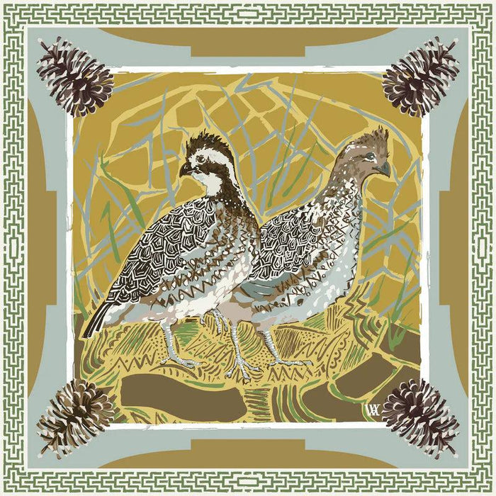 Silk twill scarf featuring two bobwhite quail, geometric patterns, and pinecone corners in blue, gold, and cream tones.