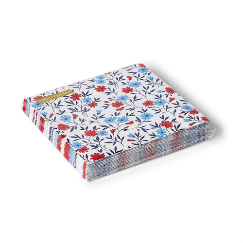 Stack of 3-ply paper cocktail napkins featuring a red and blue floral pattern on a white background.