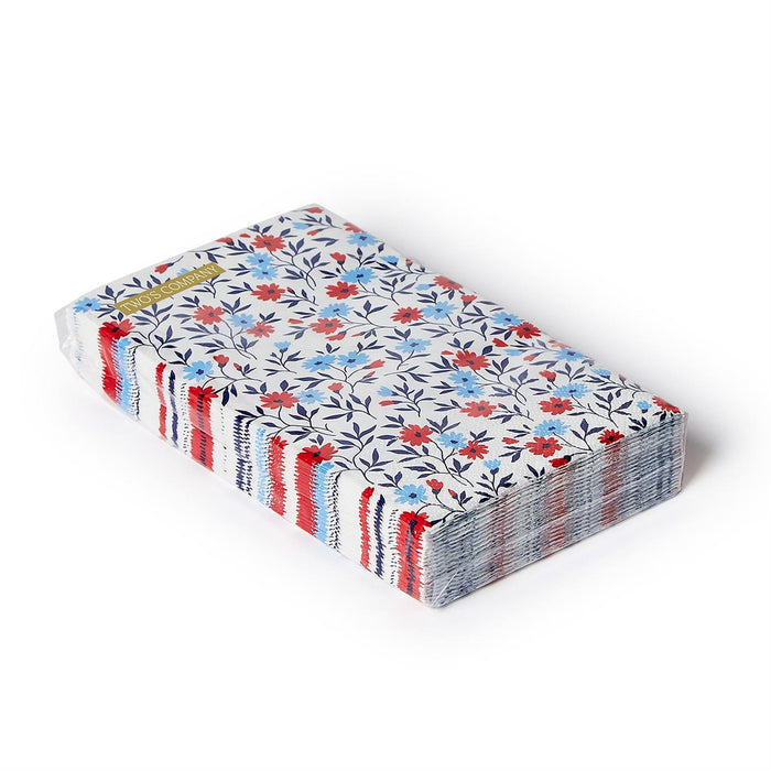 Pack of 3-ply paper guest towels featuring a red and blue floral pattern on white with striped side edges.