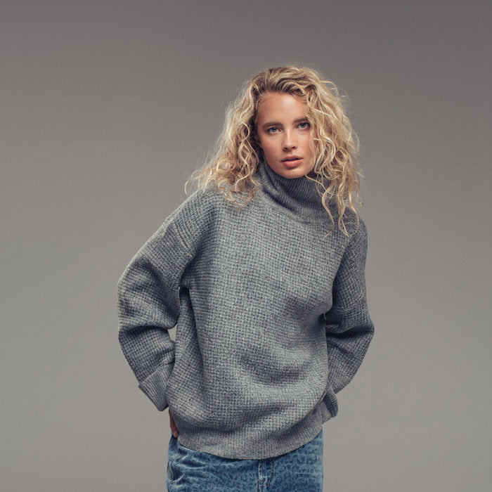 Relaxed Waffle Knit High Neck Sweater