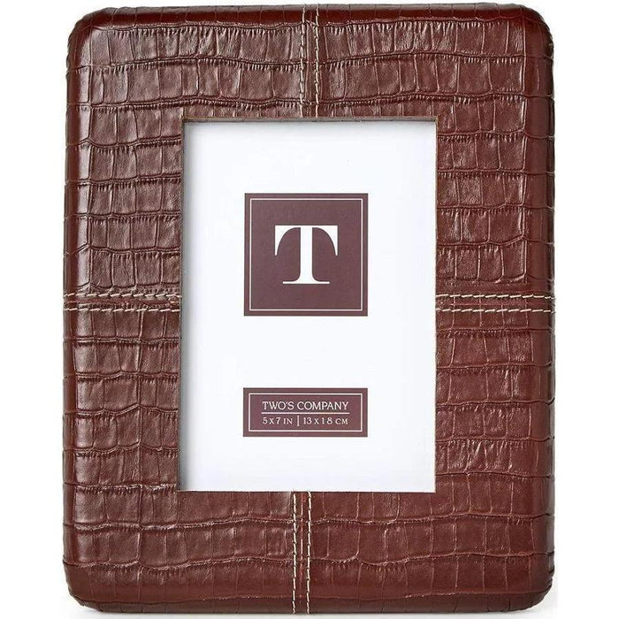 Chestnut brown genuine leather 5x7 photo frame with a textured reptile pattern and decorative stitching.