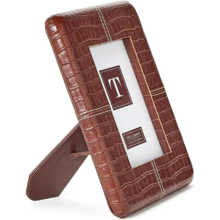 Chestnut brown genuine leather 5x7 photo frame with a sophisticated reptile pattern and white contrast stitching.