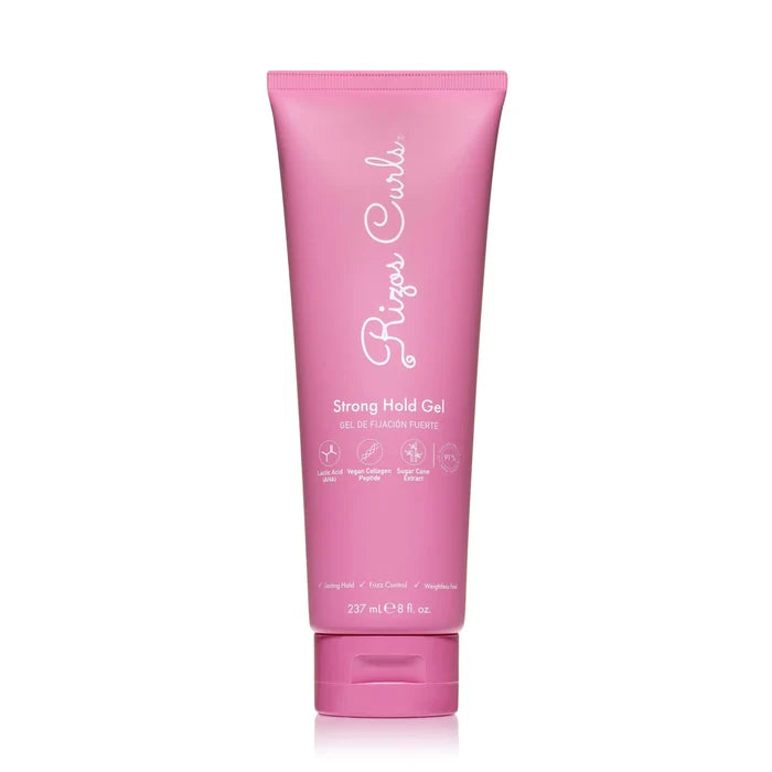 Pink tube of 'Rizzas Curl Strong Hold Gel' on a white background