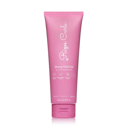 Pink tube of 'Rizzas Curl Strong Hold Gel' on a white background