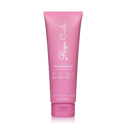 Pink tube of 'Rizzas Curl Strong Hold Gel' on a white background
