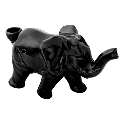 A three-quarter view of the Roast & Toast Lucky Elephant Ceramic Pipe, showcasing its glossy black finish and detailed sculpting.