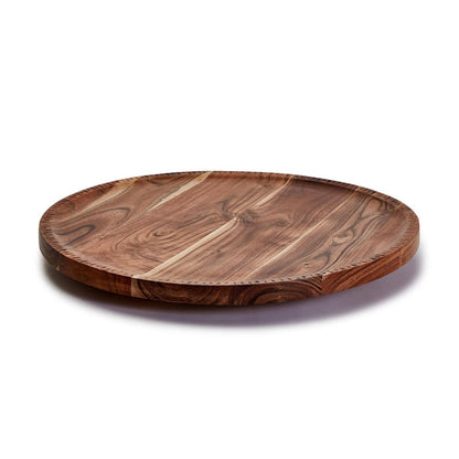 Round 20-inch rotating acacia wood charcuterie board with a natural grain finish and elegant hand-etched edge detailing.