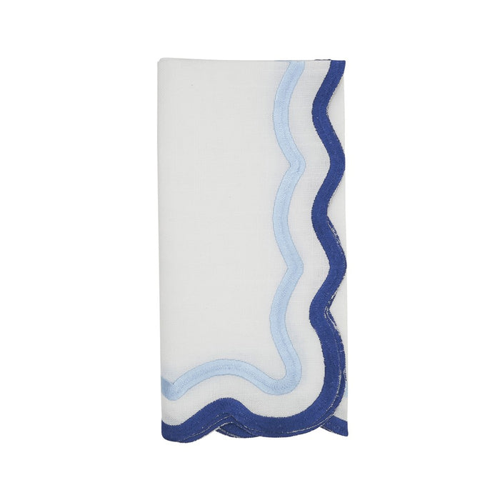 20-inch white polyester napkin featuring a double-layered blue scalloped border design.