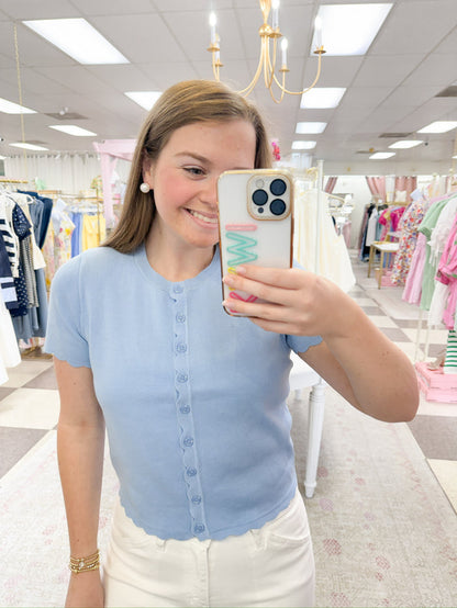 Scalloped Button Down Knit Top (Blue)