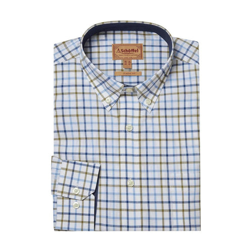 Schoffel Men's Holkham classic fit long-sleeve shirt in white, blue, and tan check cotton twill with branded buttons.