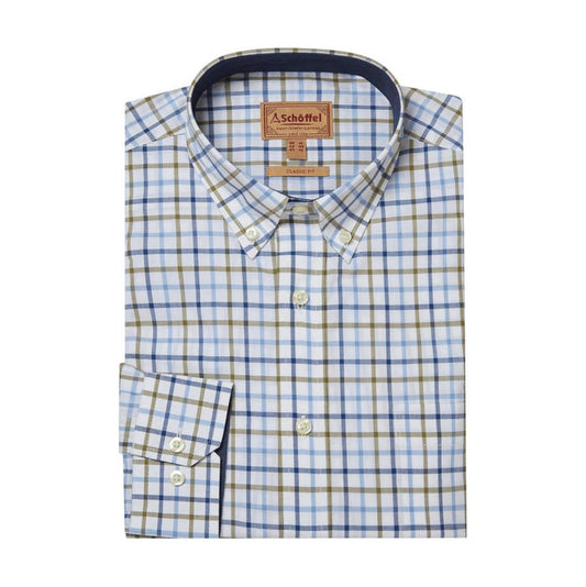 Schoffel Men's Holkham classic fit long-sleeve shirt in white, blue, and tan check cotton twill with branded buttons.