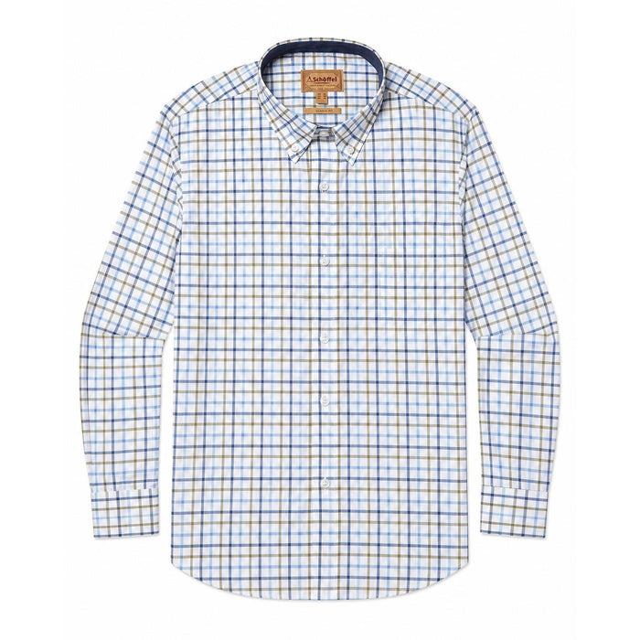Schoffel men's long-sleeve cotton twill shirt in a blue and olive check pattern with a classic button-down collar.