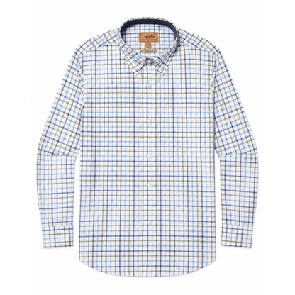 Schoffel men's long-sleeve cotton twill shirt in a blue and olive check pattern with a classic button-down collar.