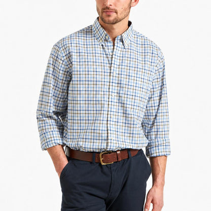 Schoffel men's long-sleeve check shirt in blue and tan cotton twill with a button-down collar and branded buttons.