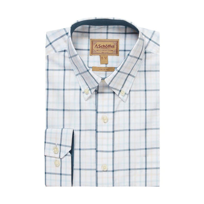 Schoffel Holkham classic fit men's long-sleeve shirt in white cotton twill with a blue and tan check pattern.